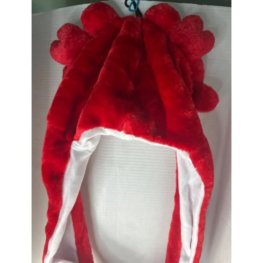 Red Crab Plush Hat Ear Flaps with Arm-Length Attached Mitten Winter fall costume